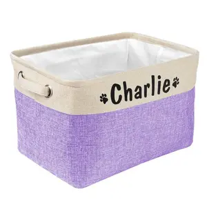 Personalized Pet Dog Toy Storage Basket Dog Canvas Bag Foldable Linen Box in Purple with Custom Name Charlie