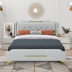 King Size Leather Bed frame with Wingback Headboard & Footboard, PU Upholstered Platform bed, Solid Wooden Slats Support, Easy Assembly