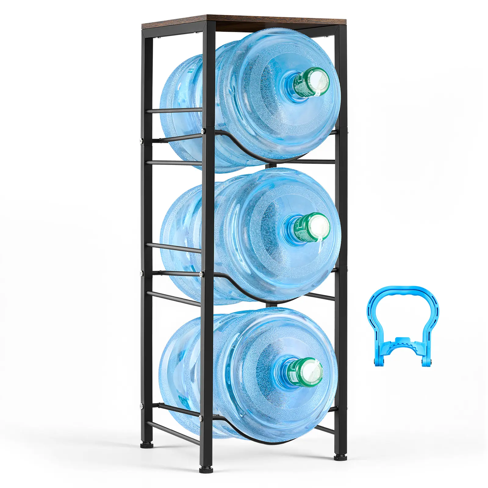 【summerfinds】VEVOR Water Jug Holder, 4 Tiers 3 and 5 Gallon Water Bottle Holder for 3 Bottles, Heavy Duty Jug Rack Organizer with Storage Shelf, Detachable for Kitchen, Office, Living Room, Black and Brown