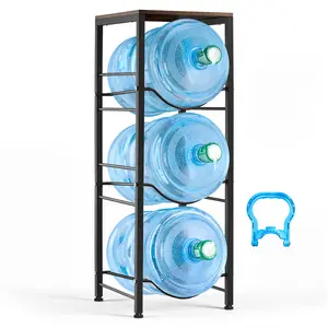 VEVOR Water Jug Holder, 4 Tiers 3 and 5 Gallon Water Bottle Holder for 3 Bottles, Heavy Duty Jug Rack Organizer with Storage Shelf, Detachable for Kitchen, Office, Living Room, Black and Brown