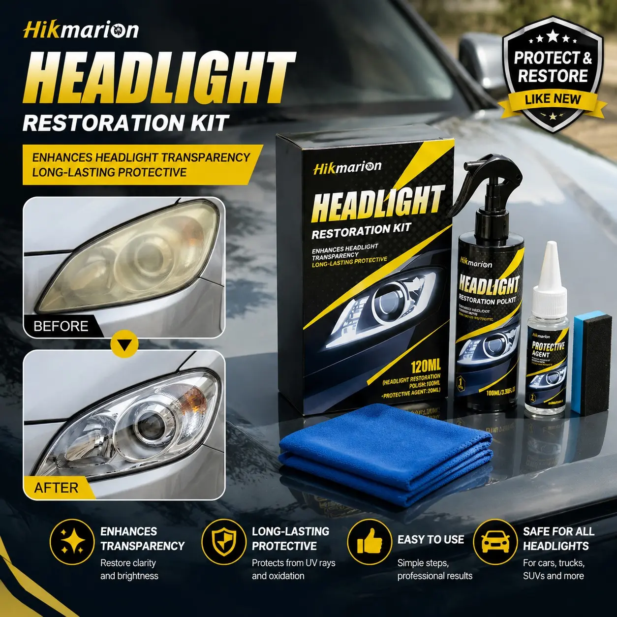 Car Headlight Cleaning Kit, Improve Yellowing and Blurred Lighting, Clear Surface Protection, Essential Auto Care Accessories, Car Cleaning Supplies, Car Detailing Products, Car Cleaning Agent, Car Headlight Cleaner