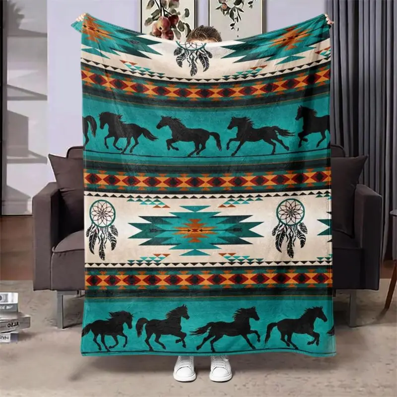 Horse & Geometric Pattern Flannel Blanket, 1 Count Soft Comfortable Throw Blanket, Warm Napping Blanket for Home Office Travel Camping