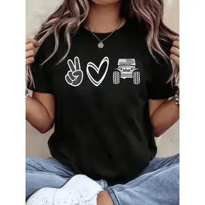 Womens Short Sleeve Graphic Tee Peace Sign Heart and Off Road Jeep Truck Print Casual Crewneck Top for Summer Travel Country Concert and Weekend Wear