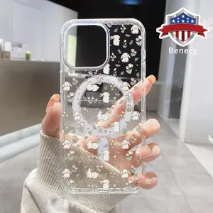 Tulips with Bunny Pattern Magnetic Phone Case Supports Wireless Charging for iPhone 15 16 14 Pro Max 13 12 11 XR XS Plus Shockproof Non Slip Protection Silicone Transparent Acrylic Large Hole Cover Cellphone Protective