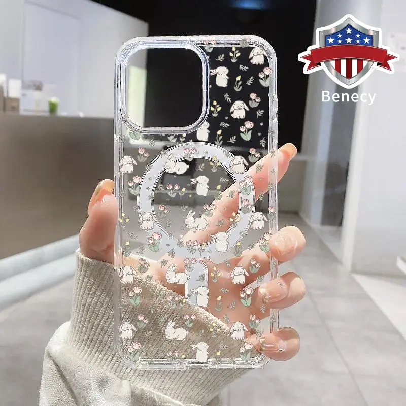Tulips with Bunny Pattern Magnetic Phone Case Supports Wireless Charging for iPhone 15 16 14 Pro Max 13 12 11 XR XS Plus Shockproof Non Slip Protection Silicone Transparent Acrylic Large Hole Cover Cellphone Protective