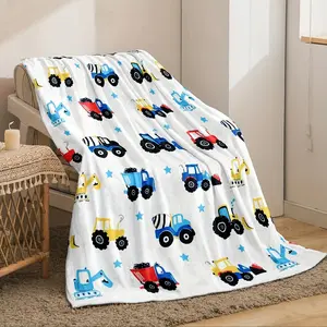 1Pc Digital Printed Cartoon Construction Vehicles Flannel Fleece Throw Blanket, Ultra-Soft Warm Comfort, Reversible, All-Season, Multi-Purpose For Sofa, Bed, Camping, Indoor Decor, Perfect Gift, Machine Washable, Contemporary Style, 250-300G Polyester Fab