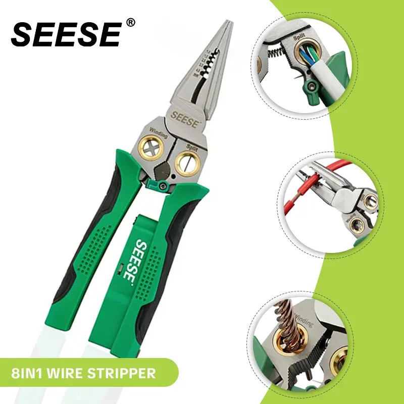 Seese 8-in-1 Wire Stripper With Voltage Tester – Multi-Function Pliers For Cutting, Crimping, Stripping, Voltage Detection (Green)