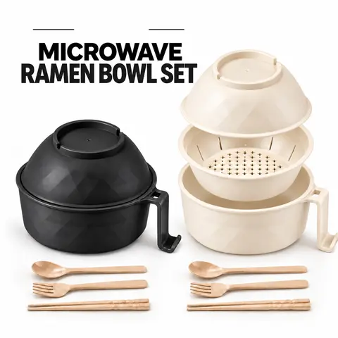 ONESHOW HOME Microwave Noodle Pot - Stackable Bowl with Strainer, Lid, Tableware for Home, Office Quick Meals | Mid-Year Sale