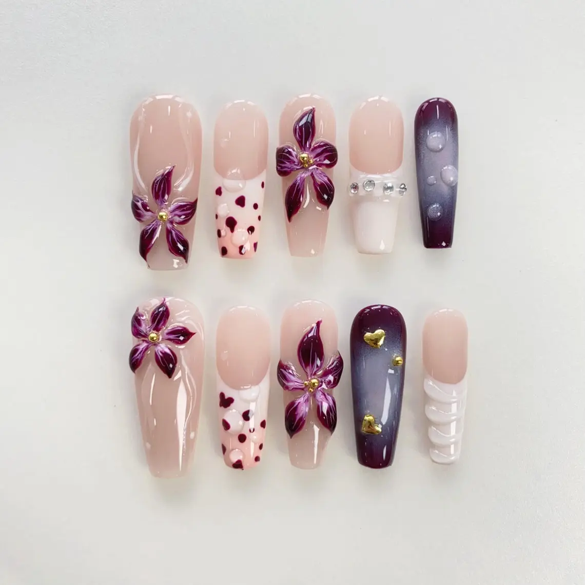 3D Floral press on nails long coffin nails/3D flower nails/Dreamy nails/Purple nails/Summer nails/French nails/Dreamy nails/Birthday nails