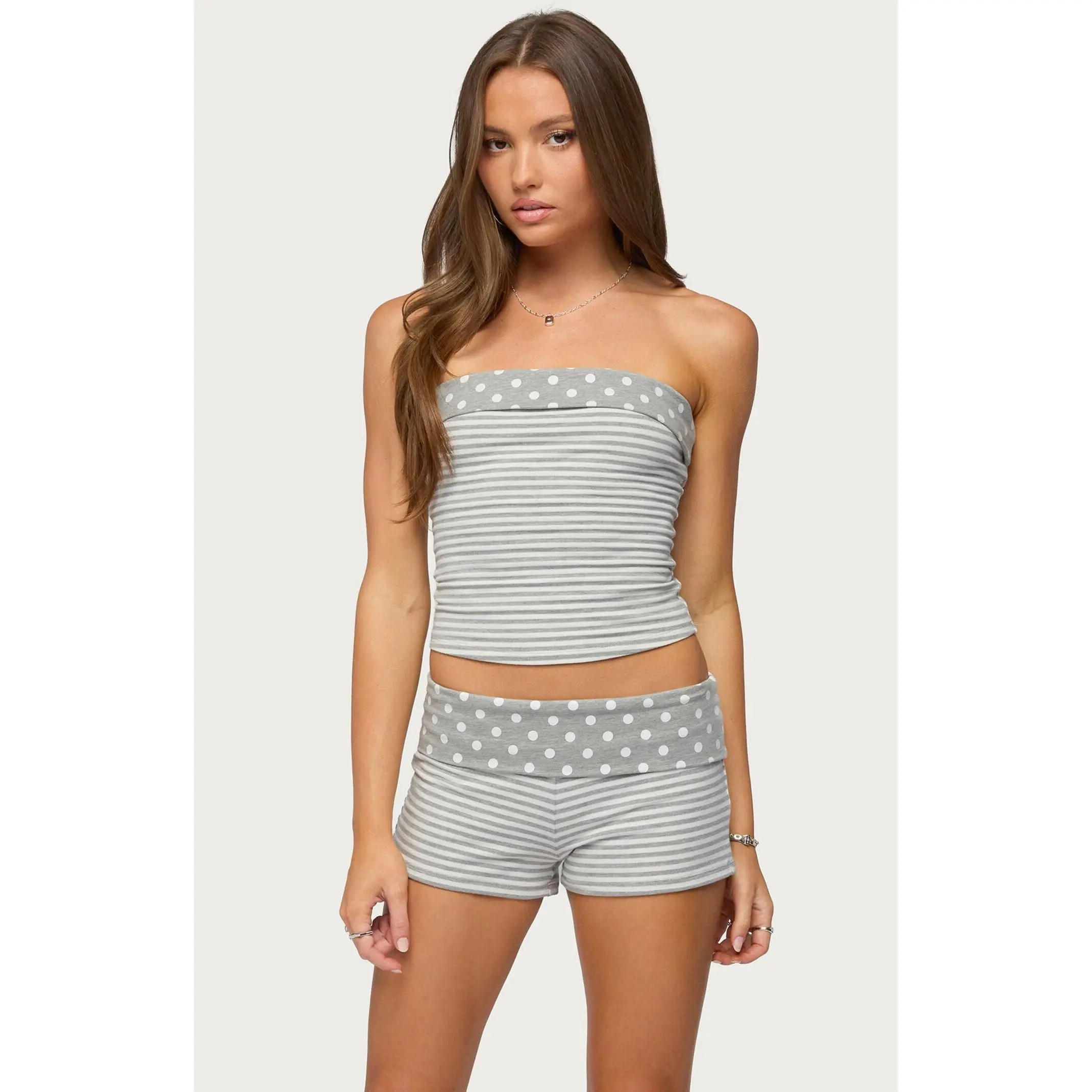 Edikted Women's Presley Stripe and Polka Dot Foldover Tube Top