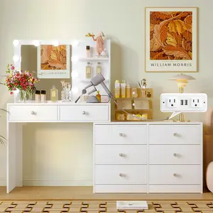 VOWNER Makeup Vanity Desk with Mirror and Lights & Power Outlet, 8 Drawers, Makeup Vanity Table with 2 Shelves,White dressing table
