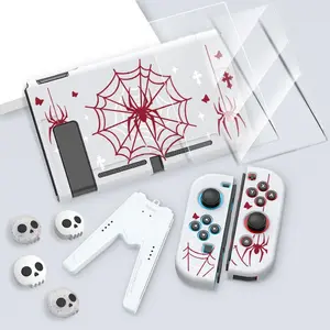 Spider Web Pattern Game Console Protective Case with Tempered Film & V-shaped Grip & Rocker Cap, Multi-color Optional Console Accessories for Switch OLED/NS/Lite