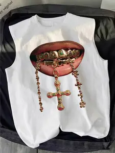 Men's Gold Tooth Cross Graphic Print Round Neck Sleeveless Vest, Casual Comfortable Top, Perfect for Summer Outdoor Fitness Wear