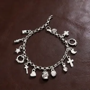 Silver Charm Bracelet for Women – 13 Lucky Cross/Heart/Star/Moon/Key/Lock Charms, Vintage Y2K Retro Aesthetic, Gift-Worthy for Birthday & Anniversary, All-Season Wear Fashion Jewelry