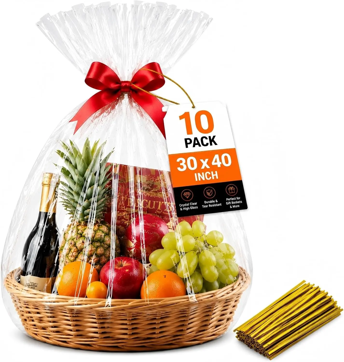 Cellophane Bags For Gift Baskets, 10 Pack 30x40 Inch Clear Gift Bags with Gold Twist Ties – Durable, Tear-Resistant, Crystal Clear Gift Wrap for Fruit Baskets, Holiday, Wedding, Party Presents