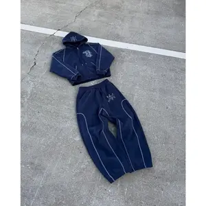 Men's American Y2K Hip Hop Oversized Embroidery Zipper Hoodie Sweatpants Two Piece Casual Set