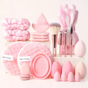 25PCS All-in-One Makeup Tools Set, 4PCS Makeup Brushes, 8 Makeup Sponges, 4 Triangle Powder Puffs, 3 Mini Air Cushion Puffs, 2 Facial Cleansing Sponges, Hairband, Hand Bowl Straps and Makeup Brush Cleaning Tool, Multifunctional Beauty Kit for Daily Makeup