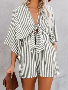 Summer Waist Cinch Slimming Striped Romper, Deep V Neck Flared Sleeve Three-Quarter Pants Romper, Stylish and Comfortable