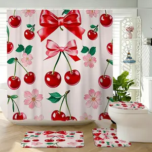 Cherry Bow Floral Shower Curtain Set, Colors, Includes Plastic Hooks, Non-Slip Mat, U-Shaped Toilet Pad, Bathroom Decor Accessories