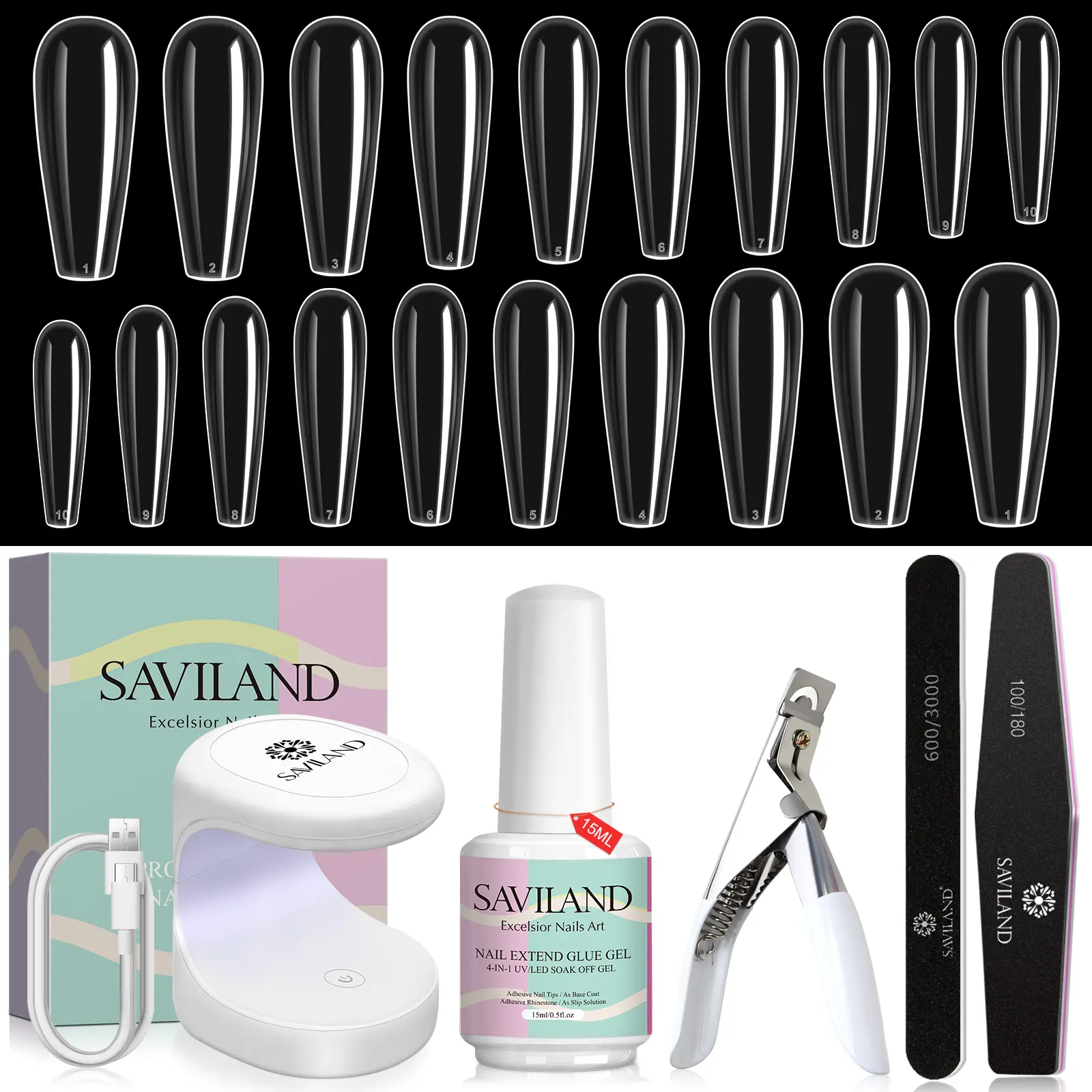 SAVILAND Gel Nail Kit Starter Set: 14-Day Last Nail Glue Gel and 500Pcs High Clear Nail Tips for Press On 10 Sizes Mini U V Nail Lamp Nail Clipper Manicure Tools Easy Use for Home Salon and Nail Care