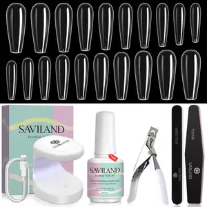 SAVILAND Gel Nail Kit Starter Set: 14-Day Last Nail Glue Gel and 500Pcs High Clear Nail Tips for Press On 10 Sizes Mini U V Nail Lamp Nail Clipper Manicure Tools Easy Use for Home Salon and Nail Care