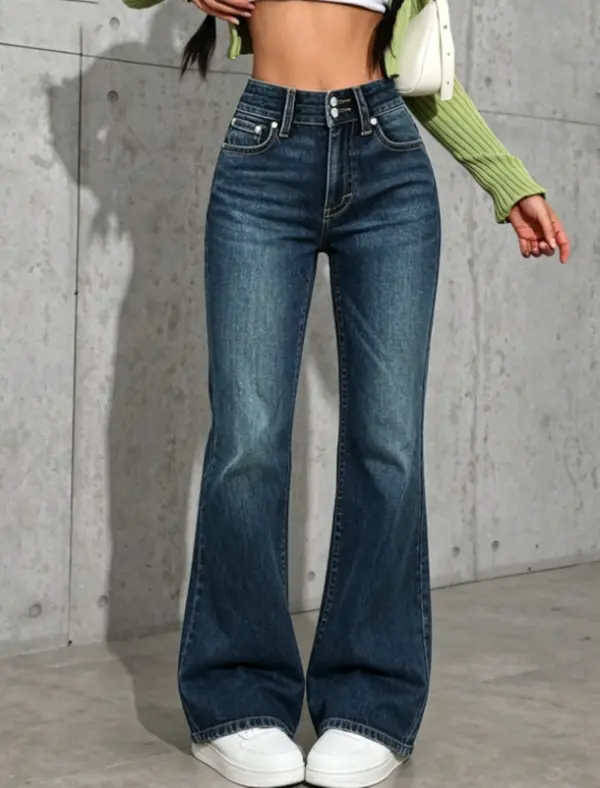 Women's 2-Button High-Waist Dark Vintage Wash Slim Stretch Flare Jeans, Fashion Lady Basic Everyday Casual Street Y2K Denim Pants