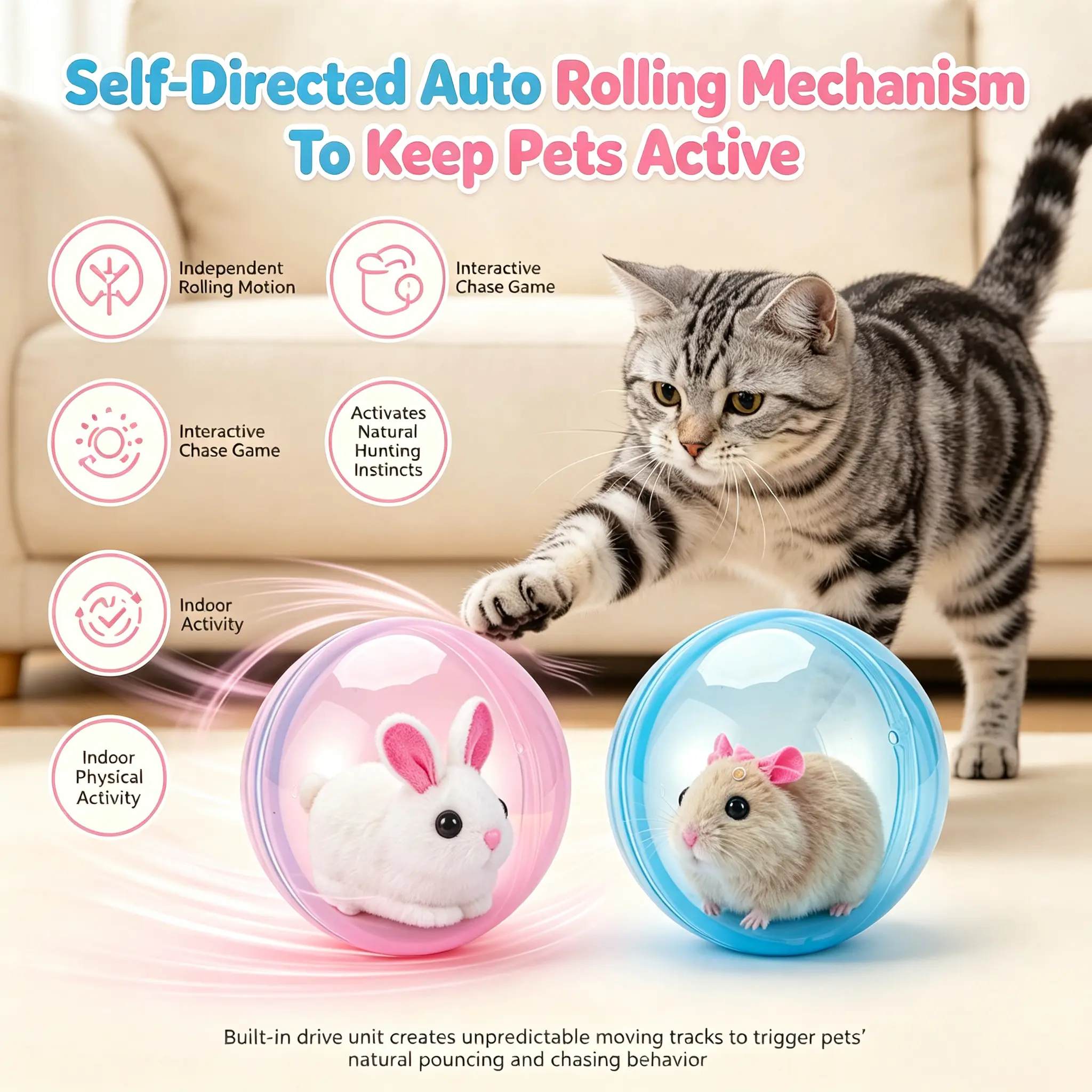 Boredom Buster Smart Interactive Cat Toy, Battery Powered Auto-Rolling Moving Ball with Vivid Mouse Shape, Hands-Free Automatic Play Entertainment Toy to Relieve Anxiety for All Indoor Cats