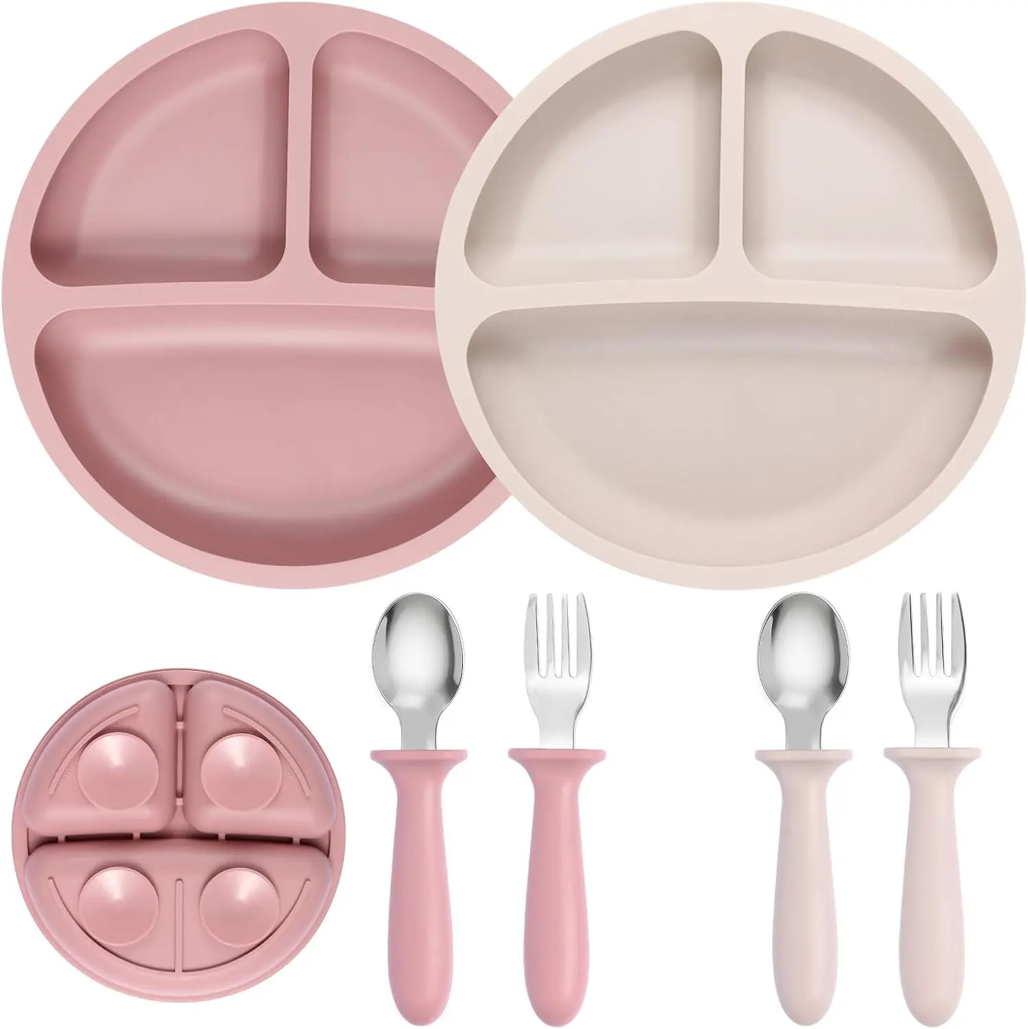 Round Shatterproof Stainless Steel Toddler Dinnerware Gift Set - 2 Divided Suction Plates, 2 Fork-Spoon Utensil Sets, Microwave & Dishwasher Safe, Practical for Meals
