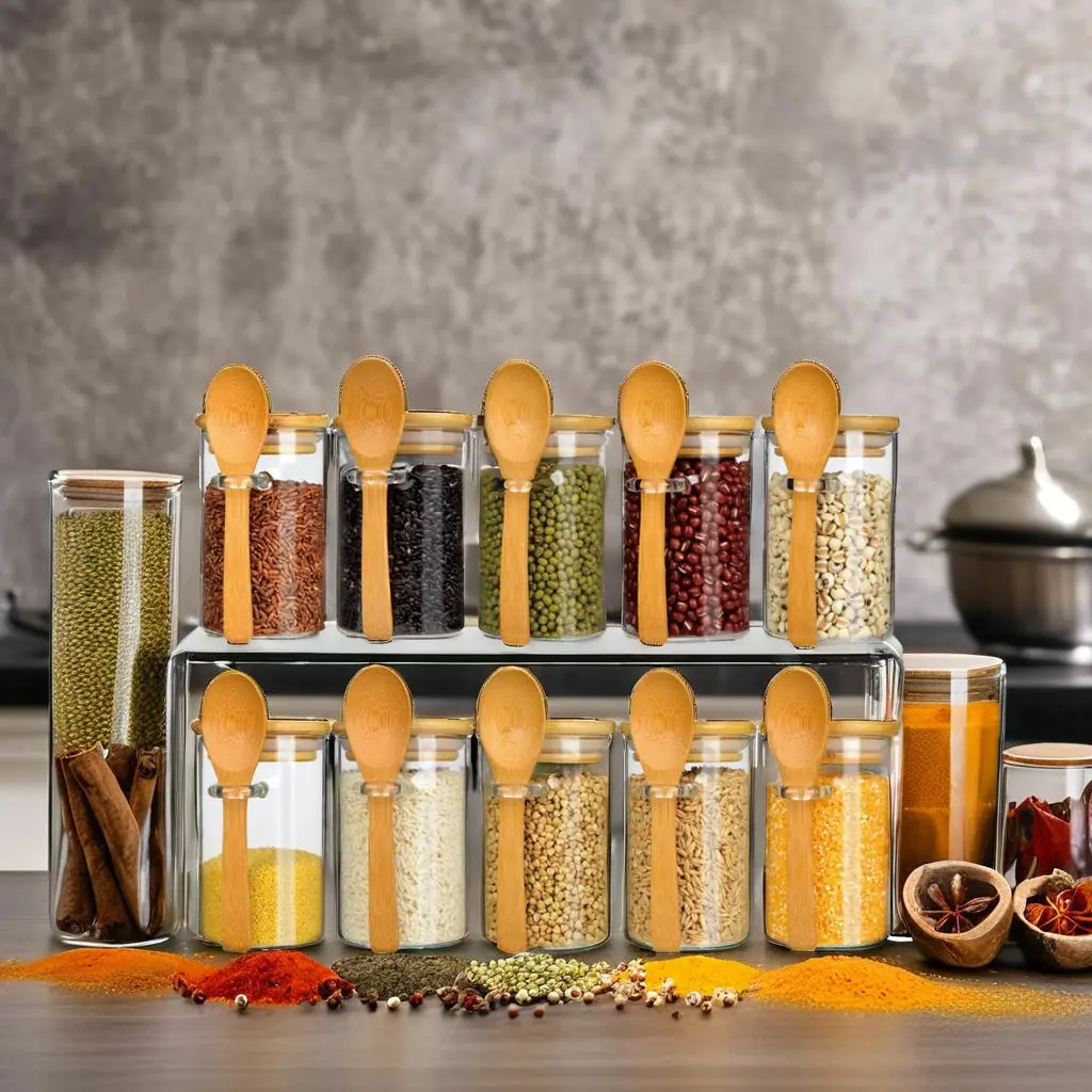 Glass Spice Jar, 10pcs/set Glass Spice Jar with Bamboo Lid & Spoon, Seasoning Storage Container, Spice Containers, Kitchen Gadgets, Kitchenware for Home Kitchen, Spices Containers