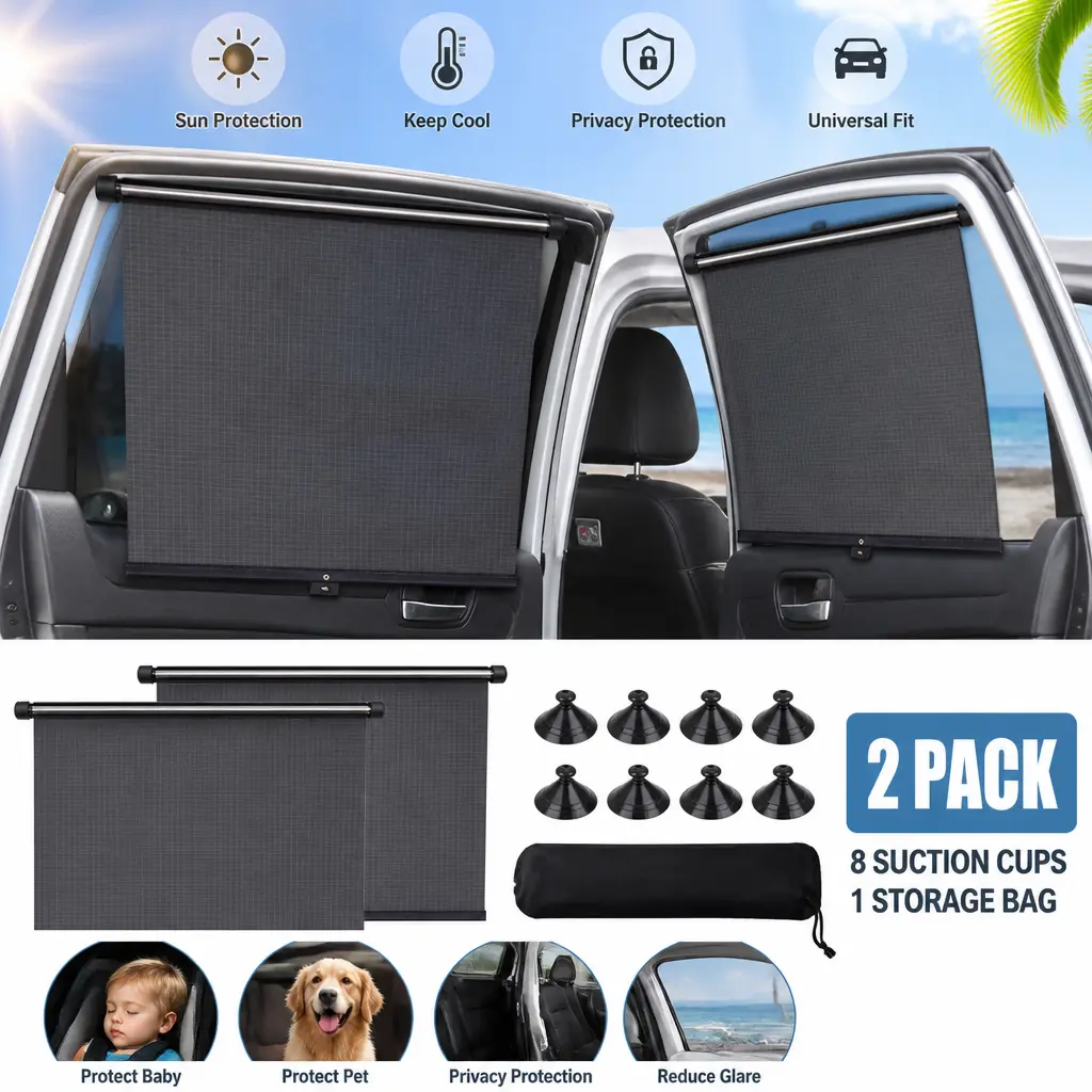 2-Pack Retractable Car Window Sun Shade - Car Accessories, UV Protection Cover for Baby, 15.7"x19.7" Side Window Fit, Heat & Glare Blocker