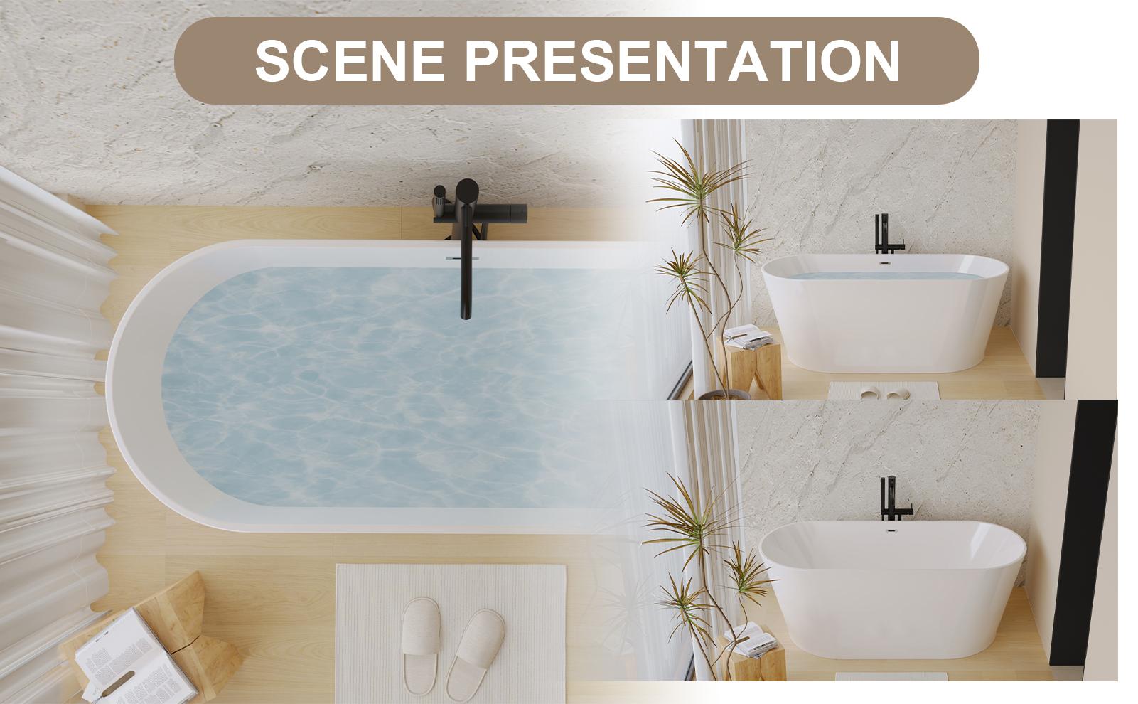 SAVEYOUR 59" Acrylic Freestanding Bathtub, Stand Alone Soaking Tub, Glossy White Acrylic, Toe-tap Chrome Drain, cUPC Certified