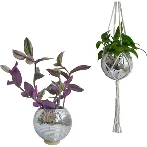 6inch Disco Ball Hanging  Pots,Boho  Mirror Disco Planter with Chain Hook and Macrame Rope for Indoor Outdoor Decor and Wooden Stand for Desk,Self Watering Insert Pots