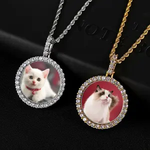 Customize Circle Photo Memory Solid Back Pendant Hip Hop Jewelry Personalized Big Zircon  Men Women Photo Charm Pendants