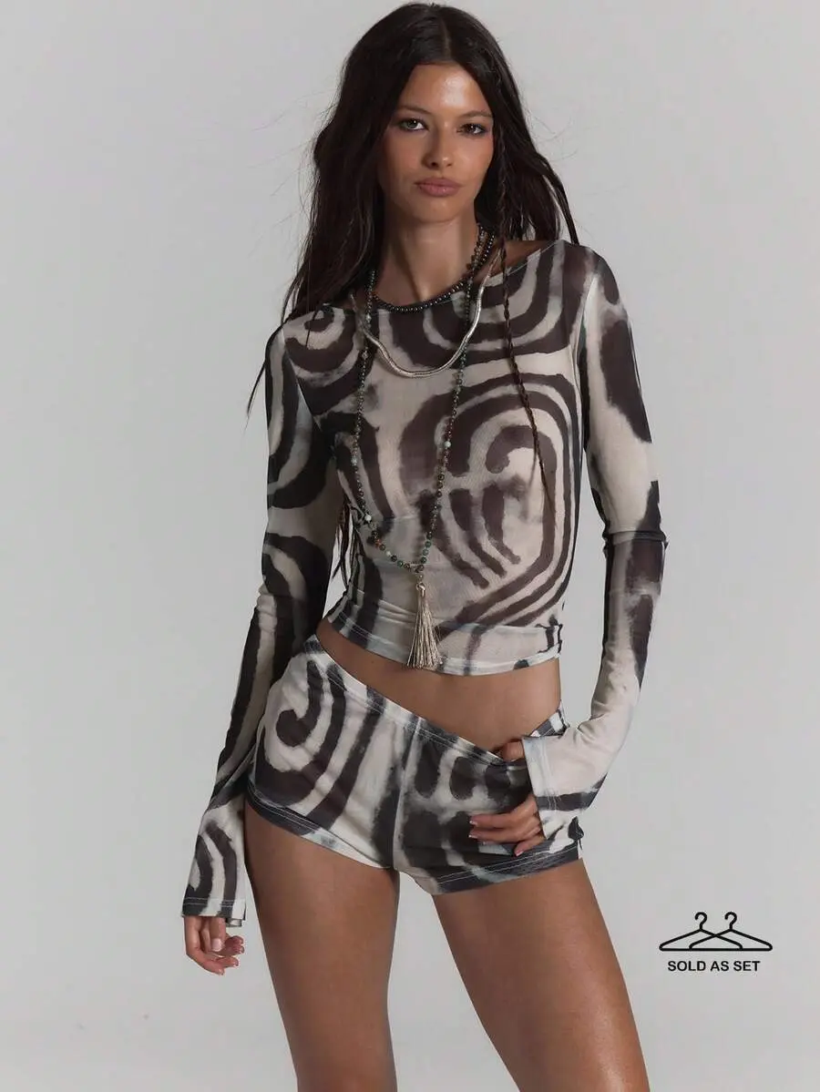 OFFGIRD x MUSERA Mesh Printed Long Sleeve Slash Neck Top Low Rise Micro Short Co-Ord Set Sold As Set Sexy Summer Spring Rave Festival Holiday Party Going Out Serpent