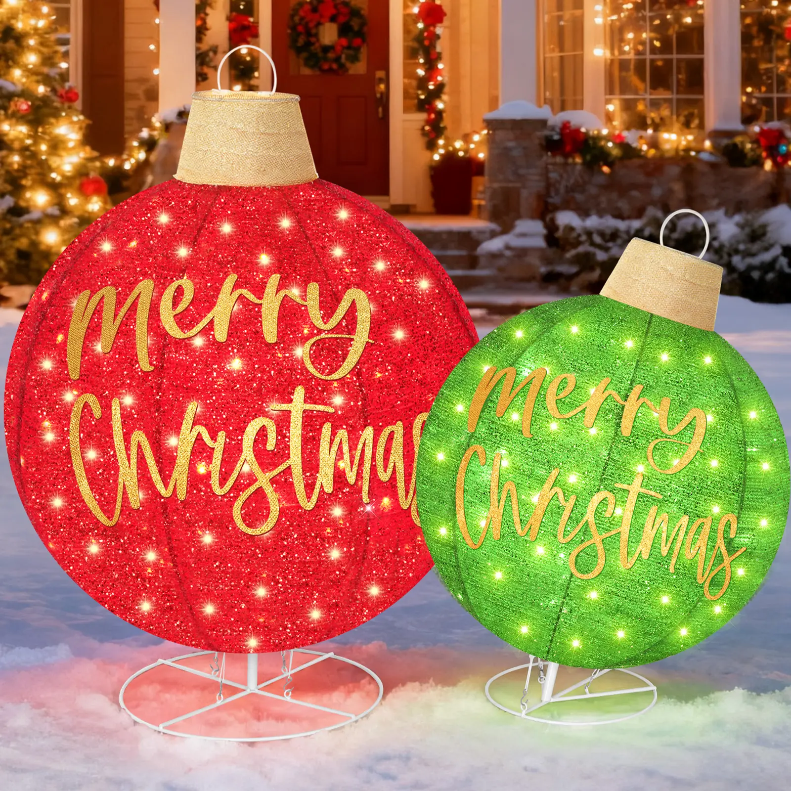 2-Pcs Round Lighted Christmas Ornaments Set - 3D Outdoor Holiday Decorations with 185 LED Holiday Lights, Sturdy Steel Stands and Base, Lighted Ornaments