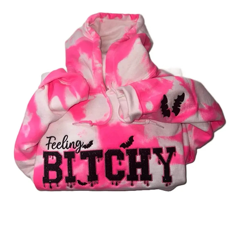 Feeling Bitchy Tie Dyed Sweater With Glitter HTV Soft Womenswear Cotton Polyester Blend Embroidered Design Custom Appliqué Everyday Wear