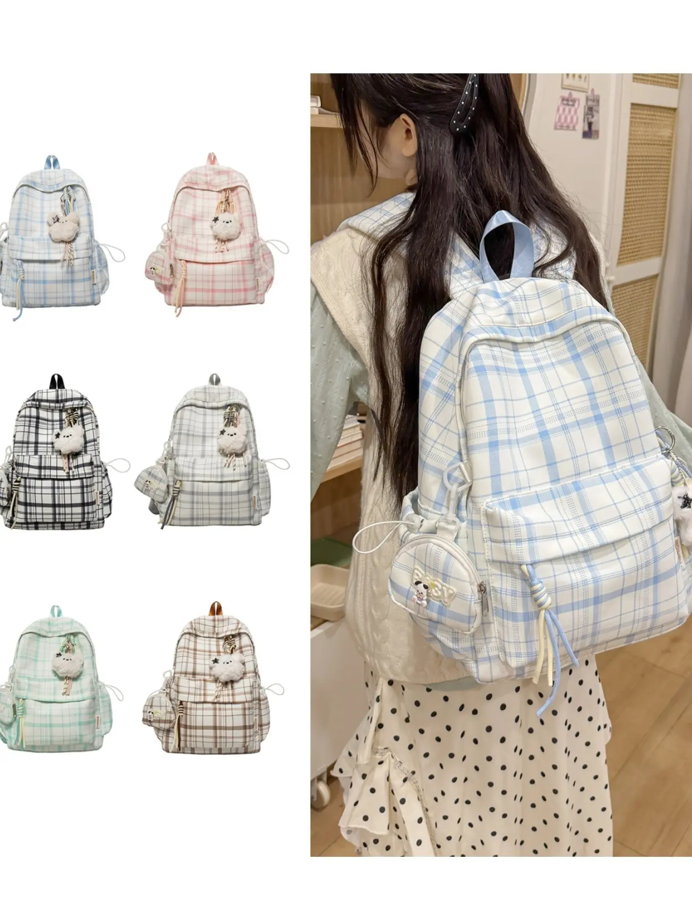 2026 New Plaid Backpack for Girls, Cute College Style Lightweight Student Bag, Includes Small Wallet and Fuzzy Charm, All Seasons Nylon Bag