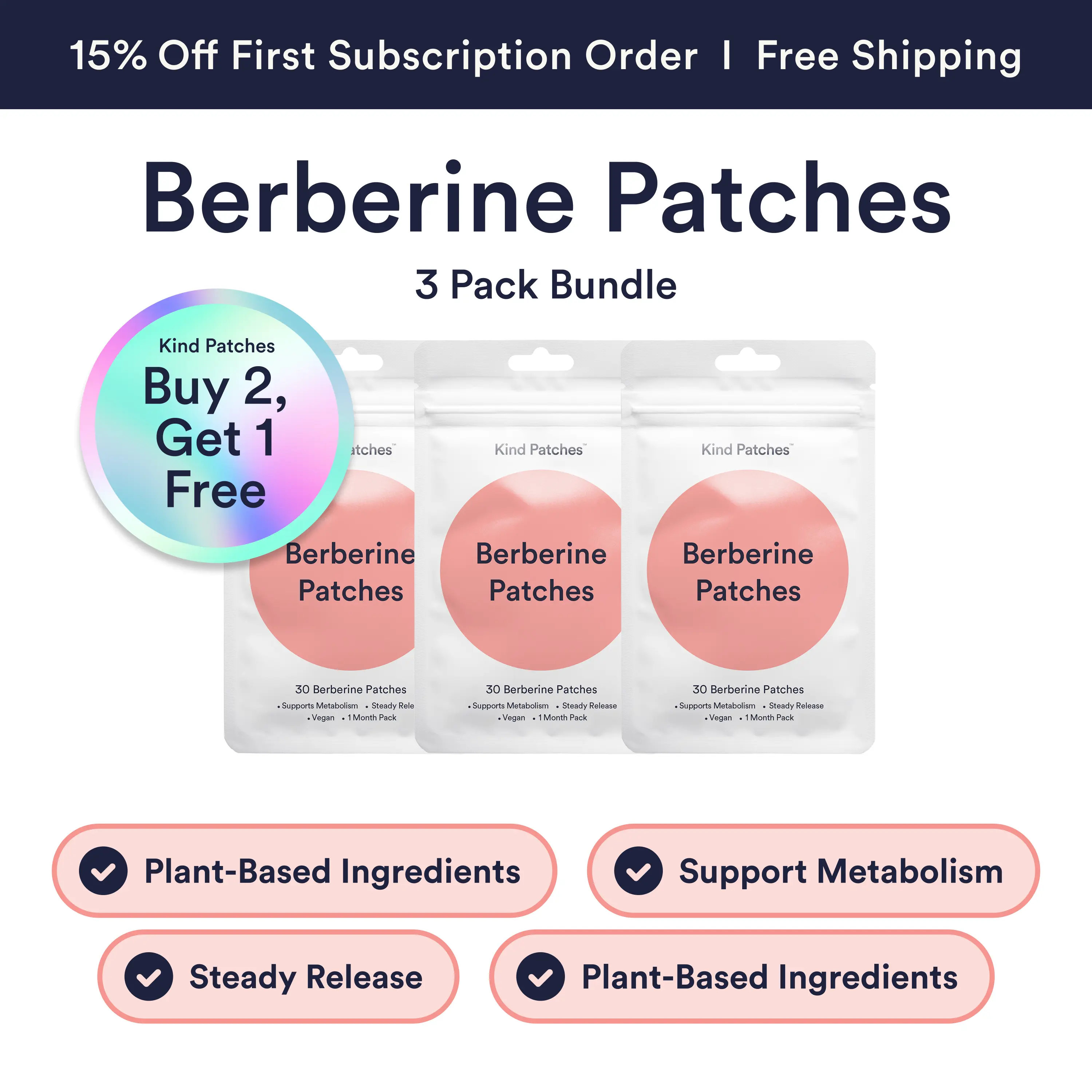 3 Packs of Kind Patches Berberine Patches, Support Metabolism, Steady Release, Support Metabolism, Plant-based Ingredients, Absorbs through the Skin,Vegan, 3 Months Supply