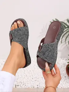 Women's Linen Slip-On Slippers, Ultra Large Sole, All-Season Outdoor Home Shoes, Canvas Fabric, Wide Width Available, Fashion Casual Cool Slides, Footwear Strap Slides