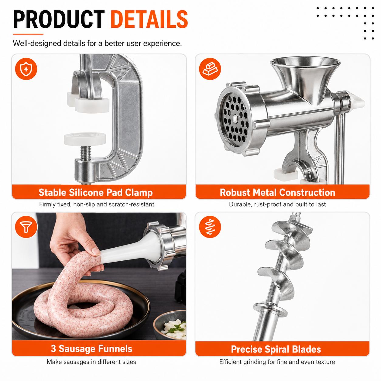 Hand-Crank Meat Grinder, Multifunctional Aluminum Food Mincer with 1 x Sausage Stuffer Funnel, 1 x Noodle Press Mold Plate & 2 Spice Powder Grinding Attachments-2656, 2 X Spice Powder Grinding Attachments
