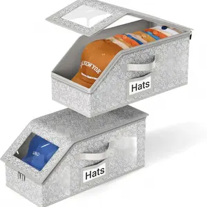 Baseball Cap Organizer 2-Pack – Stackable Hat Box in Breathable Linen Fabric, Clear Window Closet Storage for Caps (Grey) cap storage box