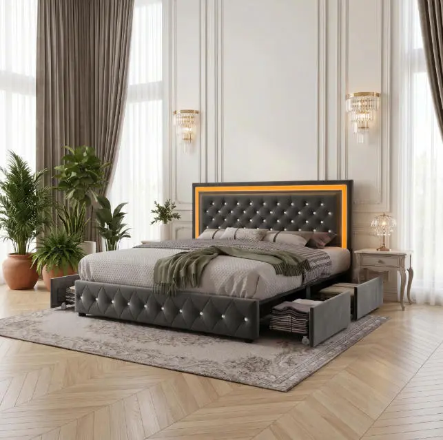 GEGOFORU Queen LED Bed Frame with Storage Drawers, Upholstered Velvet Platform Bed, RGB Smart Lights, ,Silent & Noise，with 4 Drawers &Adjustable Headboard, No Box Spring Required
