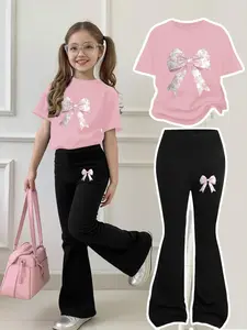 Girls' Casual Two-Piece Set, Short Sleeve Top & Bell Bottom Pants, Sweet Butterfly Knot Design, Breathable Comfort, All Seasons Wear, Casual Fashion Set, Fashion Clothes Set