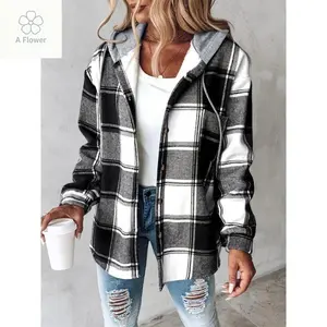 Warm Plaid Long Sleeve Shacket  Coat Fabric Womenswear - Button Fleece Lined Hooded Jackets