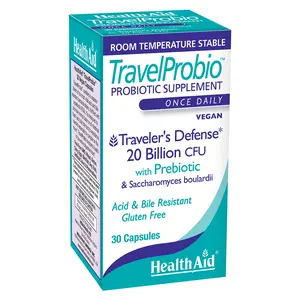 HealthAid TravelProbio 30 Caps, Once Daily, Traveler's Defense, 20 Billion CFU with Prebiotic & Saccharomyces Boulardii, Acid & Bile Resistant, Gluten Free, Room Temperature Stable, Vegan