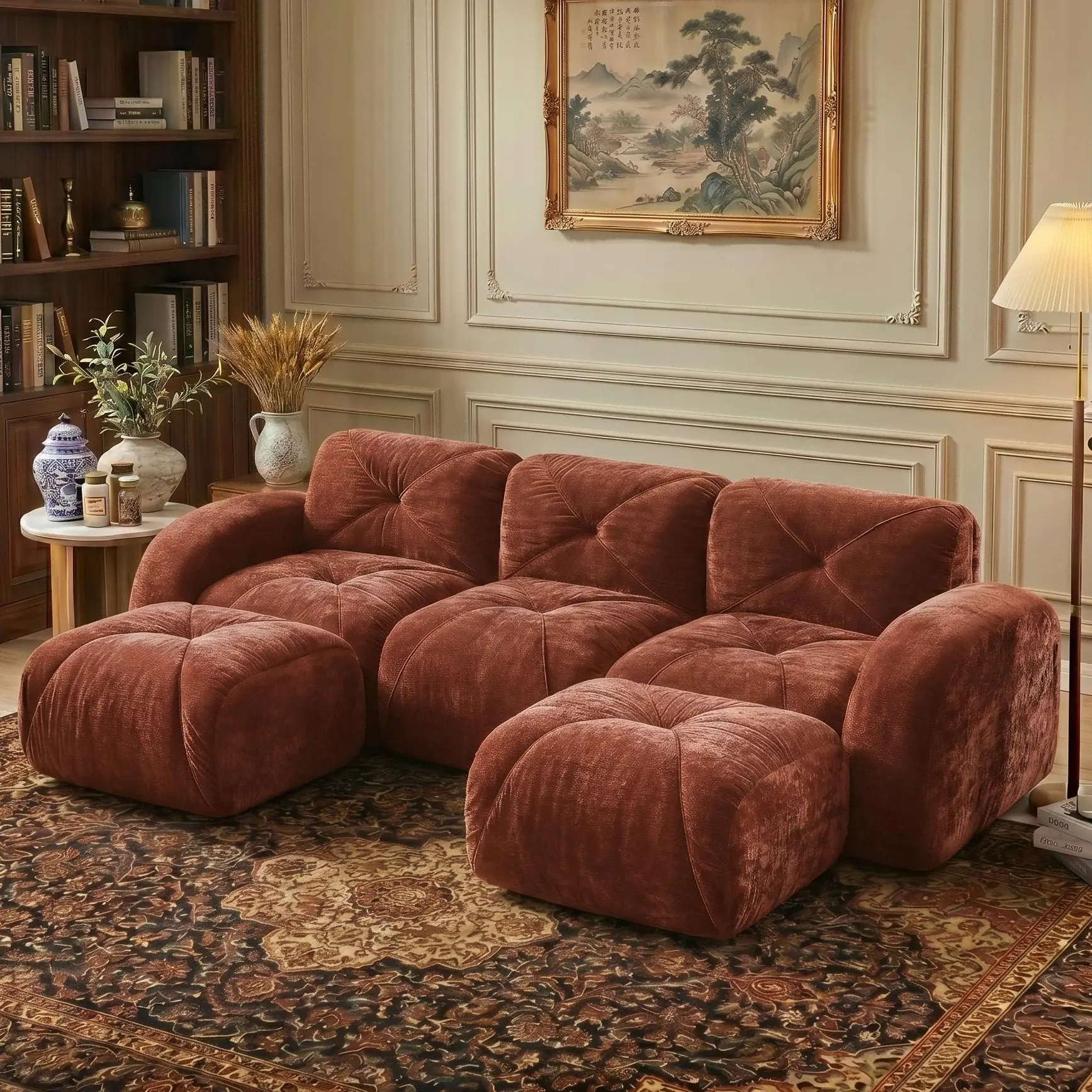 Eyisean 110.6'' Retro Velvet Boneless Sectional Couch with Tufted Design, Cloud Couch with 32D High Density Sponge Filling, 3-Seater Modular Sectional Couches with Ottoman, No Assembly Required, Floor Sofa for Living Room, Bedroom
