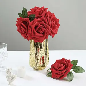 24 Roses Red Artificial Foam Flowers With Stem Wire and Leaves 5"