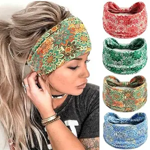 Women's Wide Floral Boho Headband Set, Elastic Knot Design, Anti-Slip, Breathable, Suitable for Sports Yoga, Workout Headband, Fashion Hair Accessories, Headbands Women
