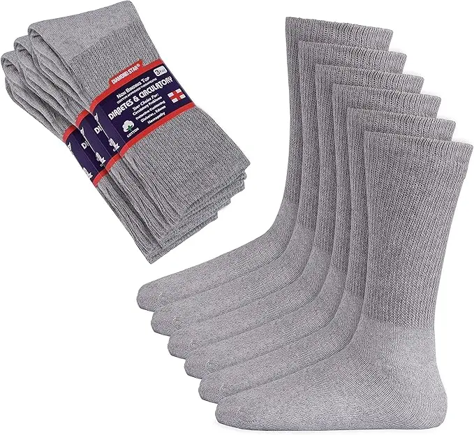 DIAMOND STAR Unisex Cotton Crew Socks - 3 Pairs Plain Non-Binding Circulatory Cushion, Blood Circulation, Soft Breathable Diabetic Socks for Men Women, Grey 9-11, Blood Circulation Socks, Soft Breathable Socks
