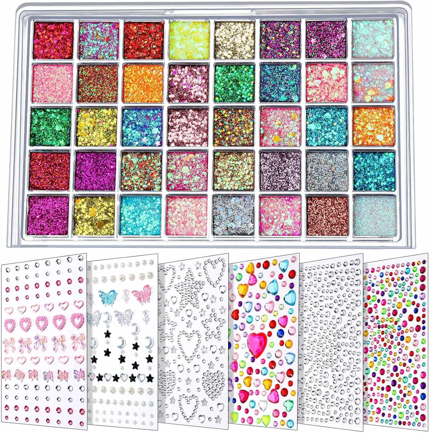 FANDAMEI Face Glitter Face Gems, Colors Glitter Gel Palette with 6 Sheets Self Adhesive Hair Gems, Face Jewels for Women. Face Rhinestones Pearls for Women, Body Hair Glitter